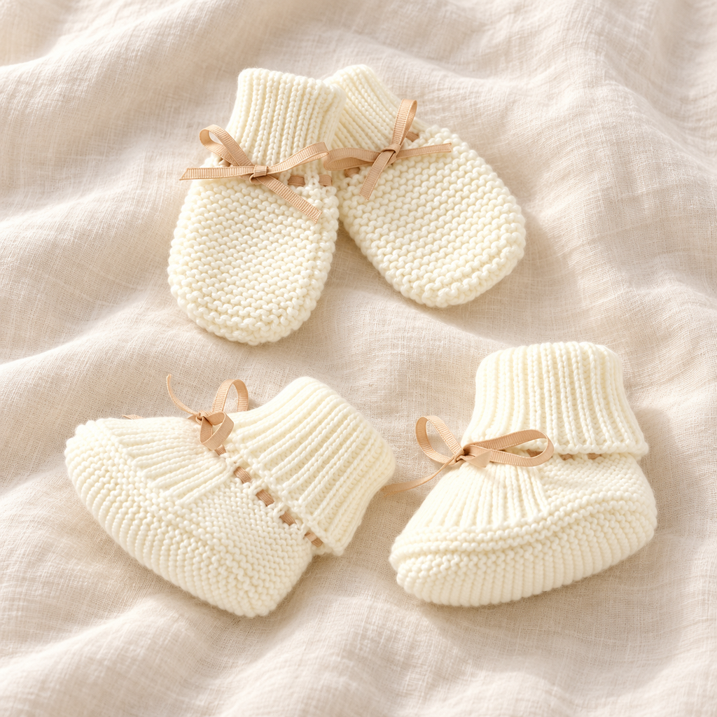 Bow knit baby booties and mittens set, Style 05, boutique studio photograph