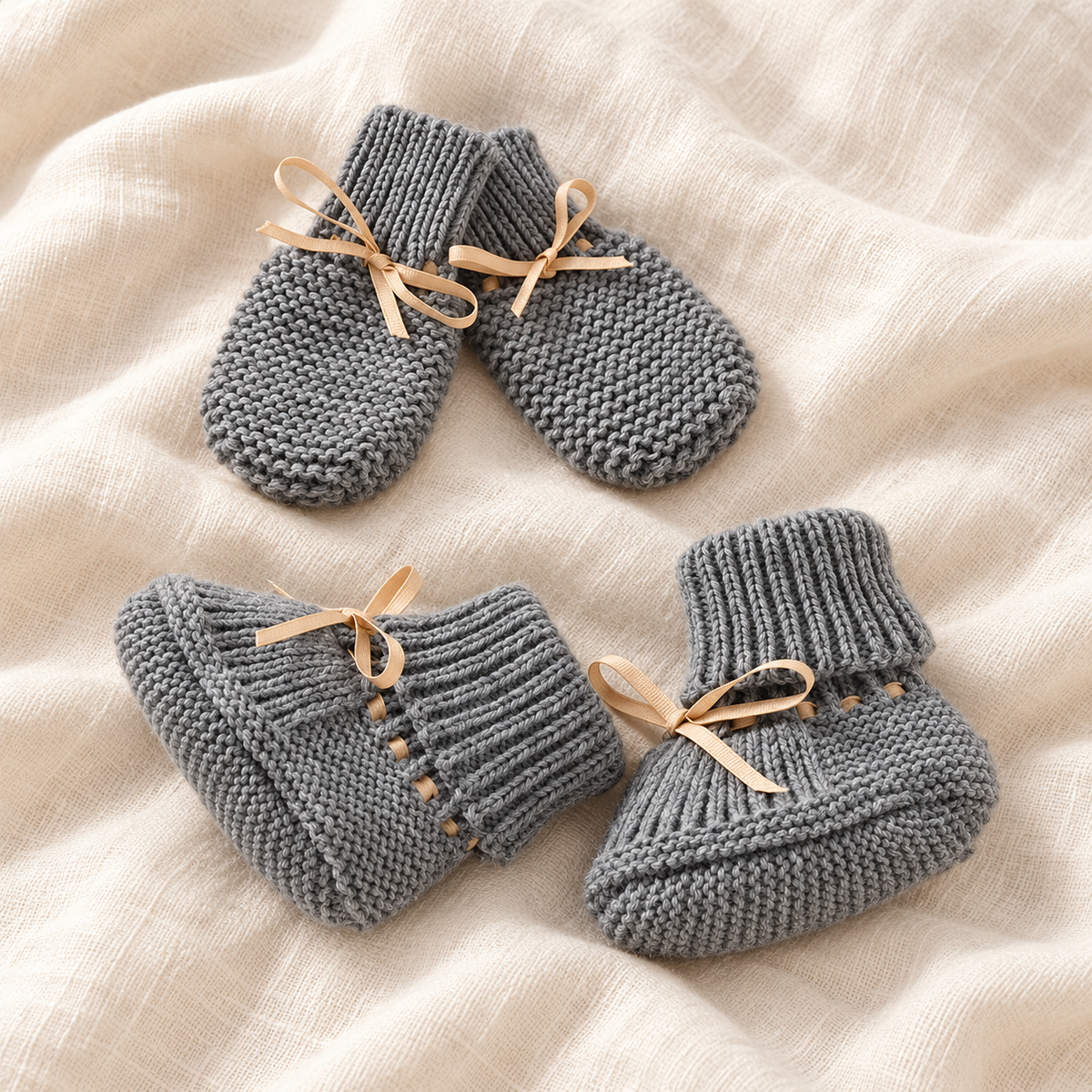 Bow knit baby booties and mittens set, Style 08, boutique studio photograph