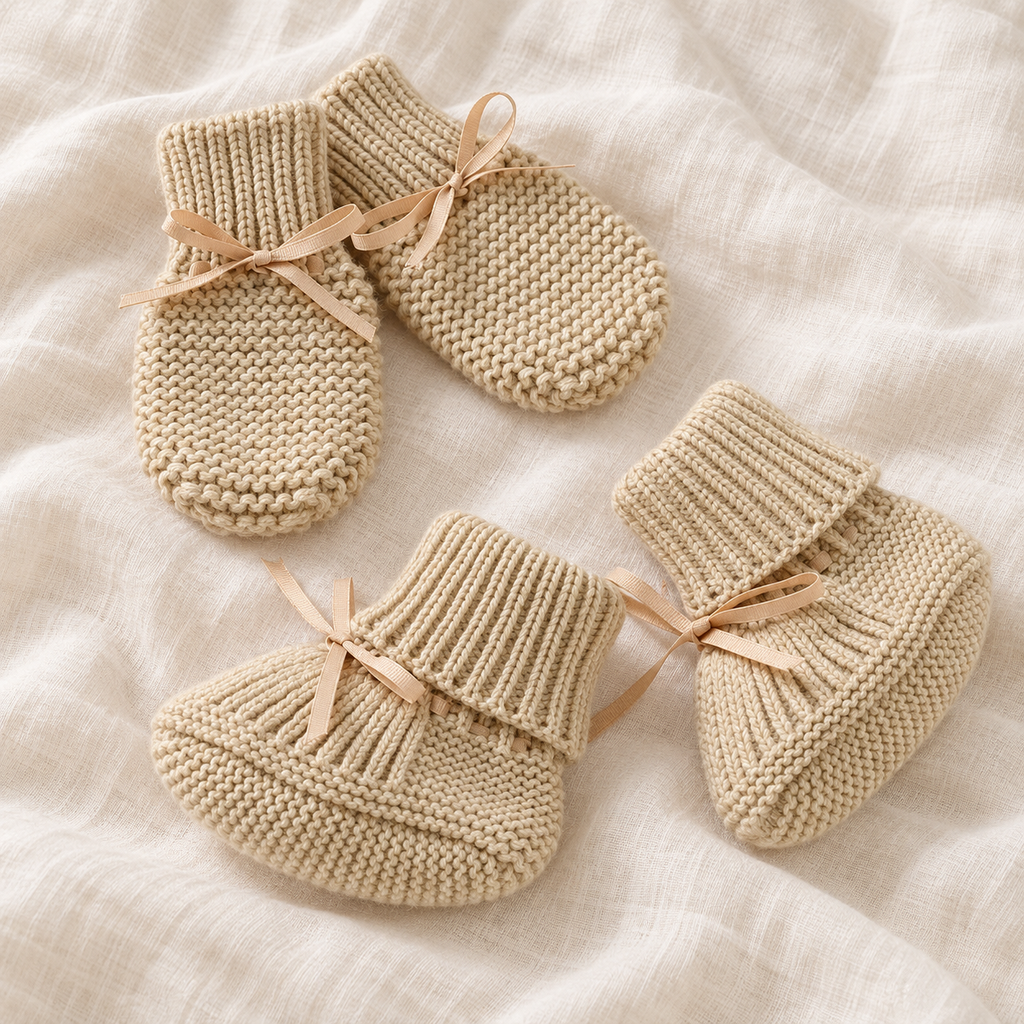 Bow knit baby booties and mittens set, Style 09, boutique studio photograph