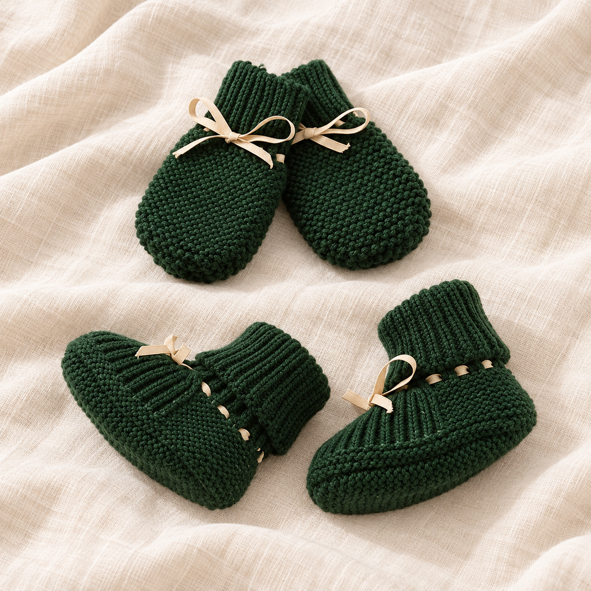Bow knit baby booties and mittens set, Style 10, boutique studio photograph