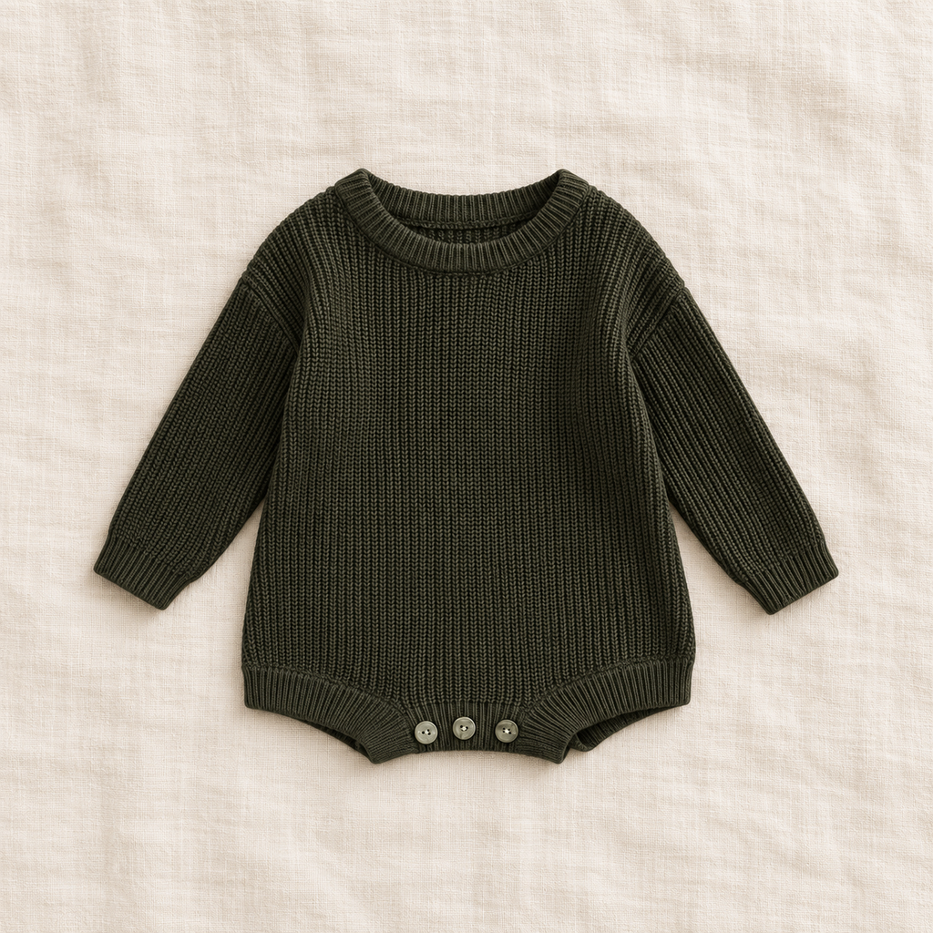 Button knit baby romper in army green, boutique studio photograph