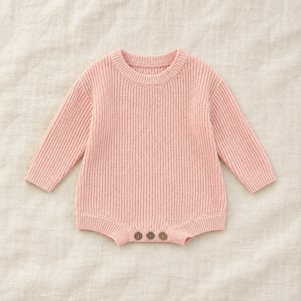 Button knit baby romper in Light Pink, boutique studio photograph