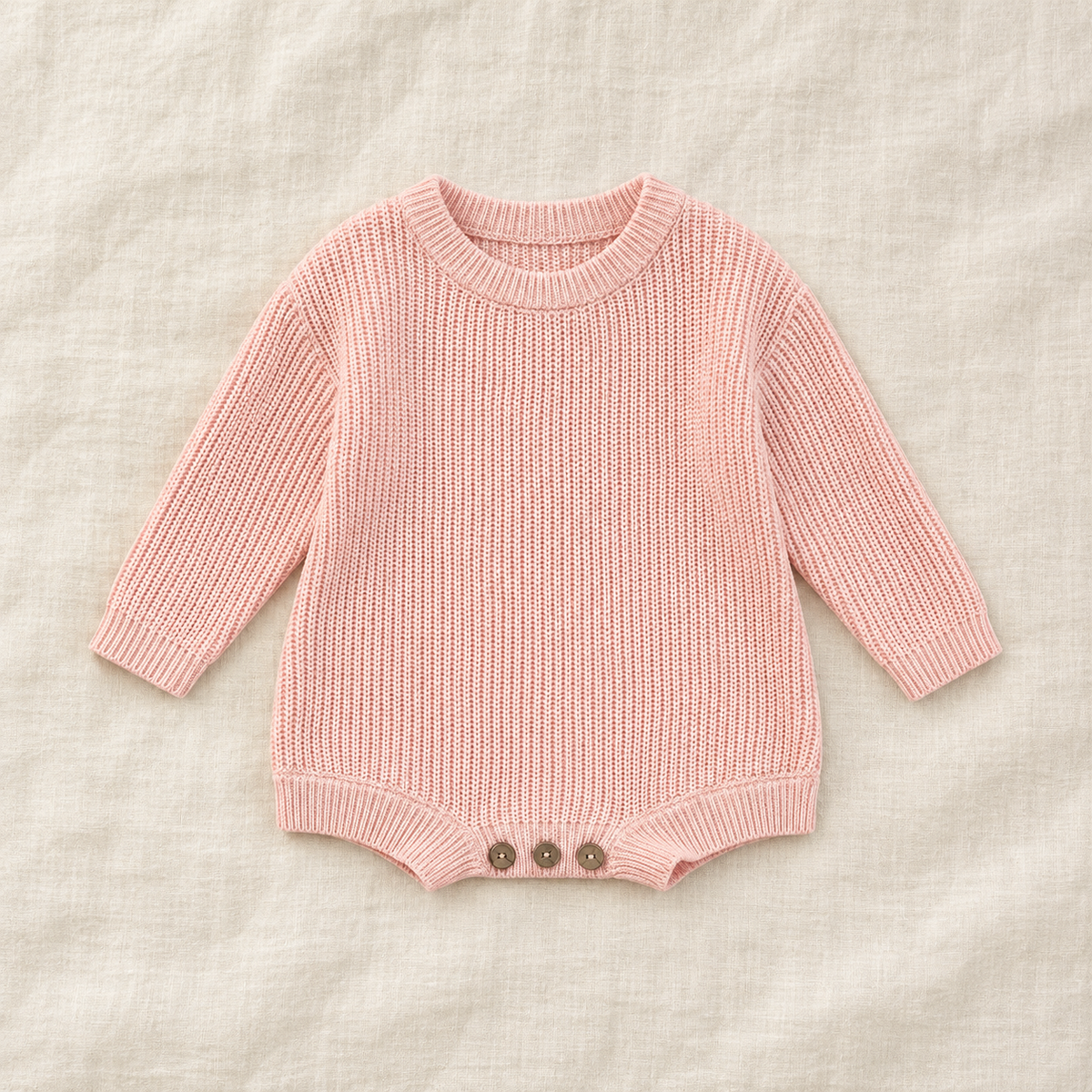 Button knit baby romper in Light Pink, boutique studio photograph
