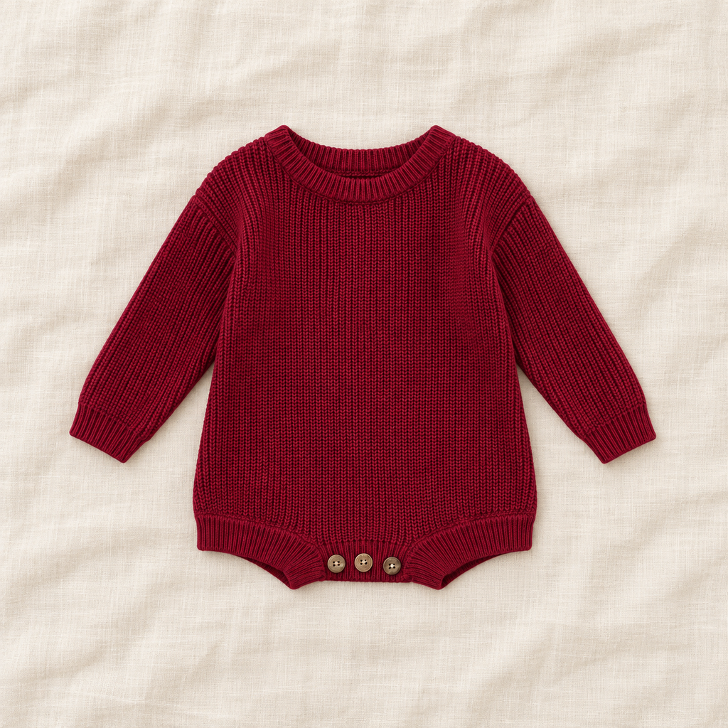 Button knit baby romper in Wine Red, boutique studio photograph