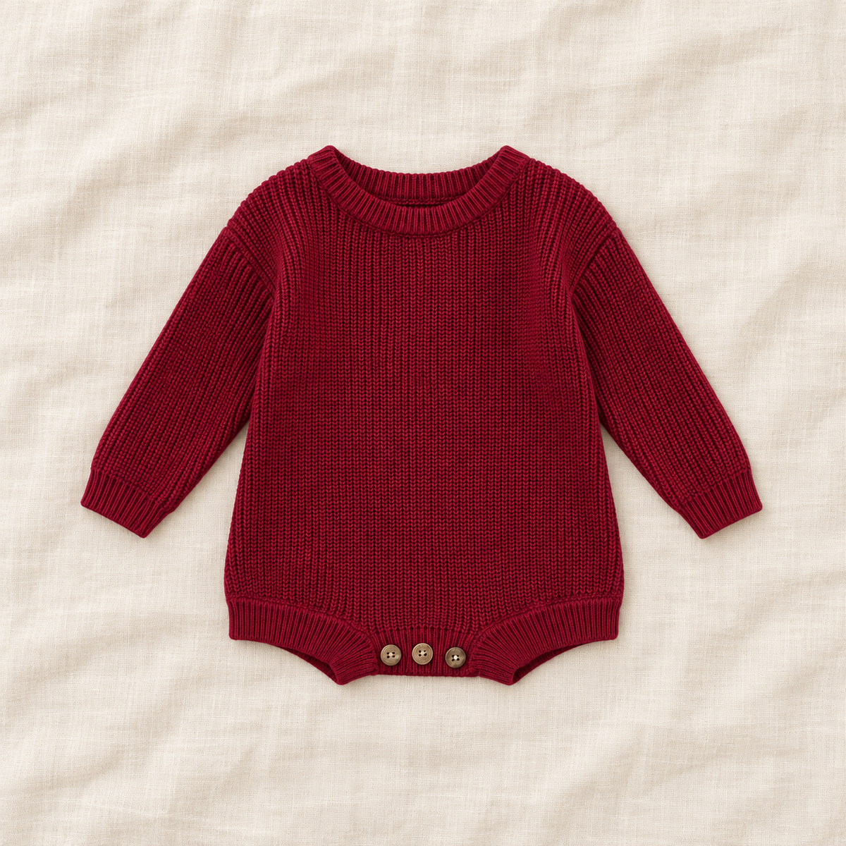 Button knit baby romper in Wine Red, boutique studio photograph