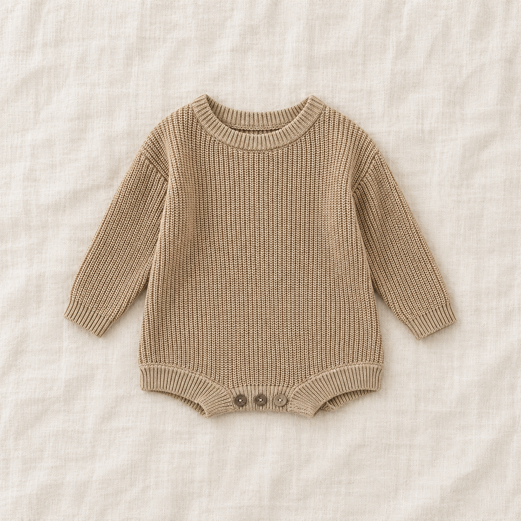 Button knit baby romper in Light khaki, boutique studio photograph