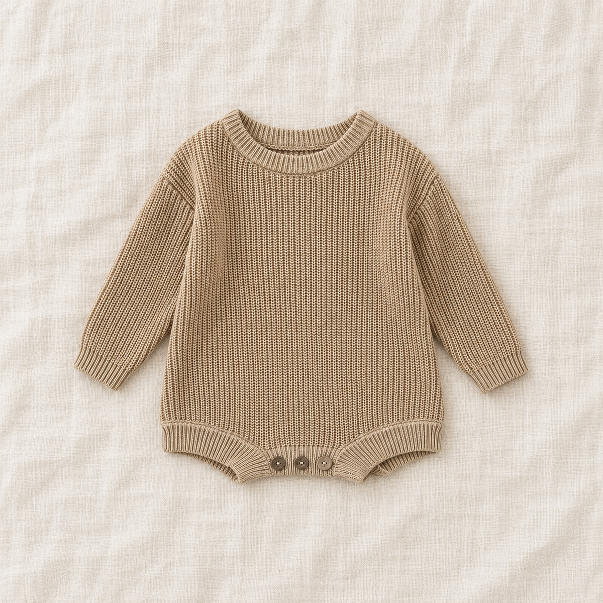 Button knit baby romper in Light khaki, boutique studio photograph
