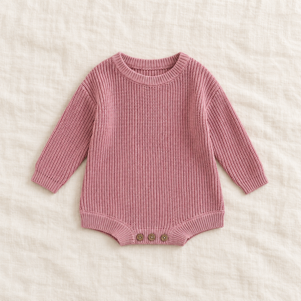 Button knit baby romper in Rose Powder, boutique studio photograph