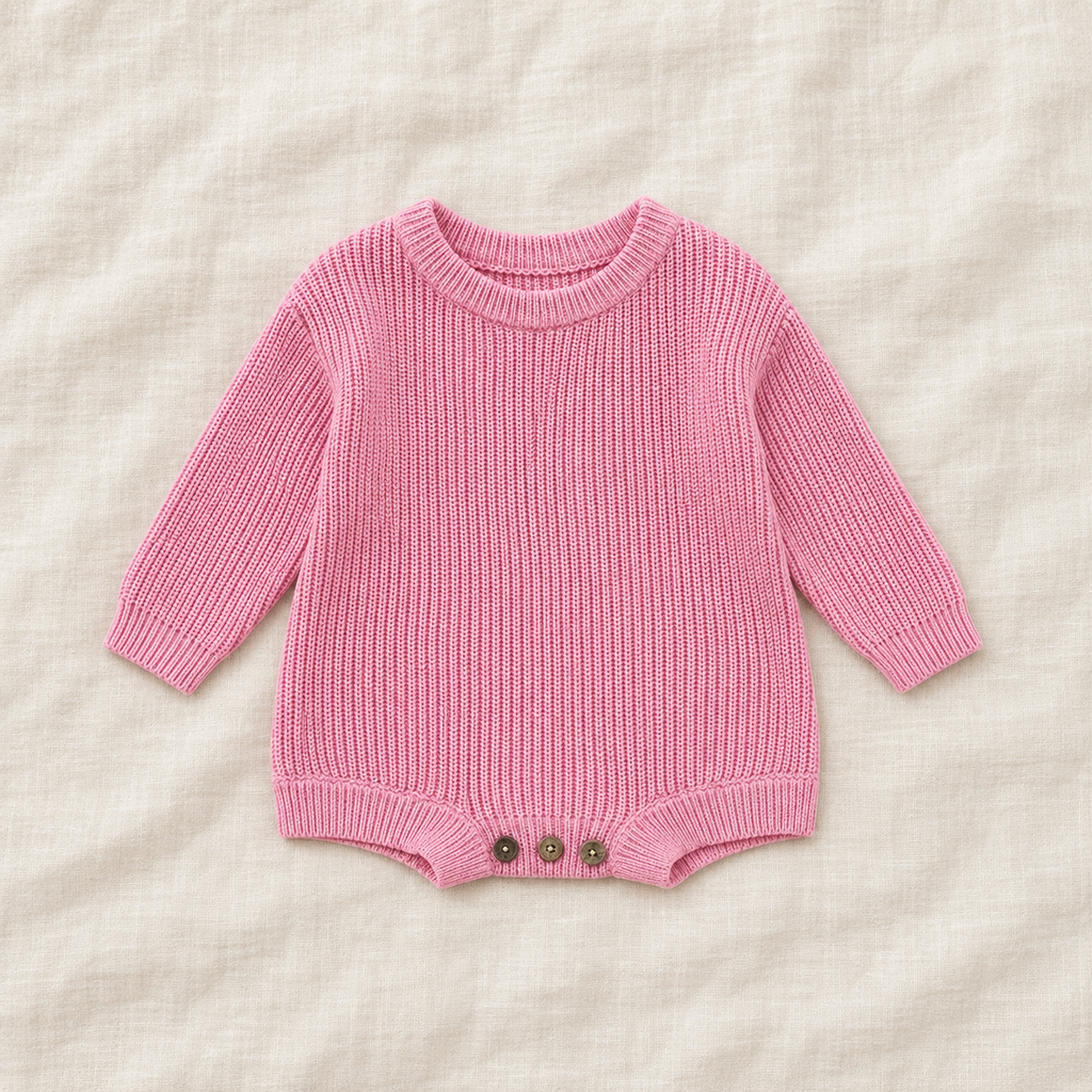Button knit baby romper in Pastel Pink, boutique studio photograph