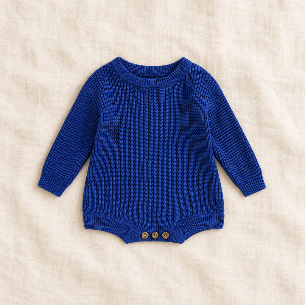Button knit baby romper in Blue, boutique studio photograph