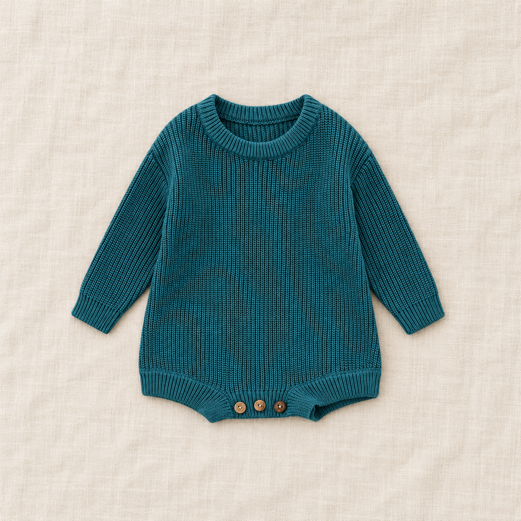 Button knit baby romper in Bluish Green, boutique studio photograph