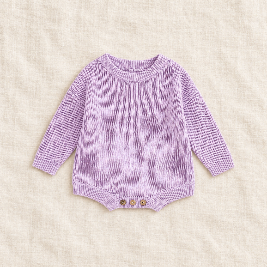 Button knit baby romper in PURPLE, boutique studio photograph