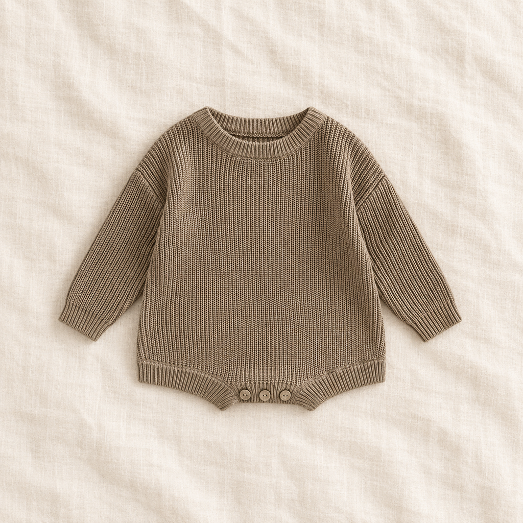 Button knit baby romper in Khaki, boutique studio photograph