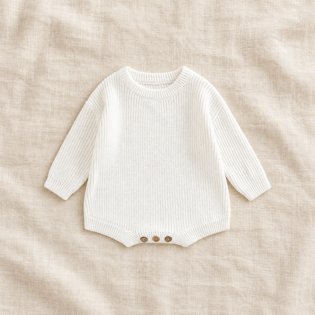 Button knit baby romper in WHITE, boutique studio photograph