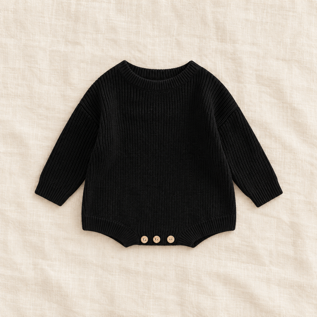 Button knit baby romper in black, boutique studio photograph