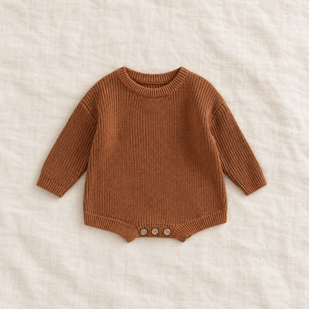 Button knit baby romper in Brown, boutique studio photograph