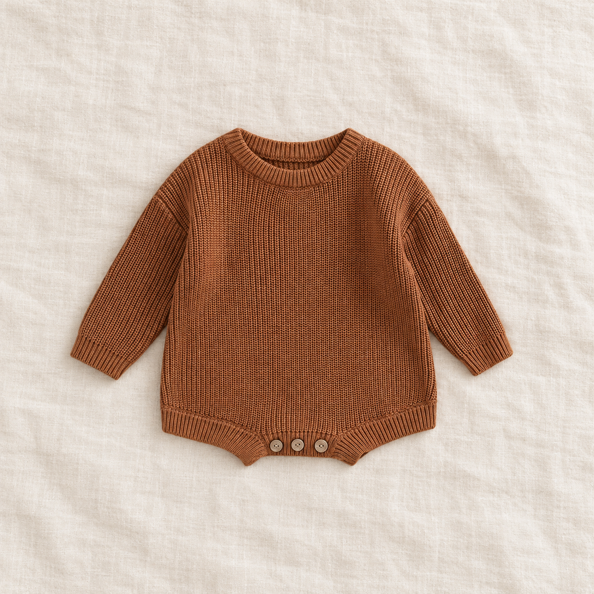 Button knit baby romper in Brown, boutique studio photograph