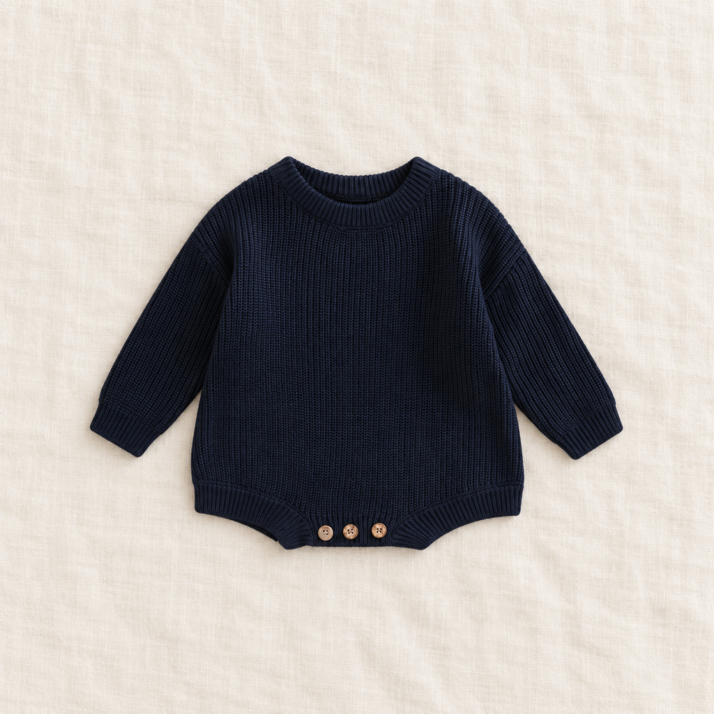 Button knit baby romper in Navy Blue, boutique studio photograph