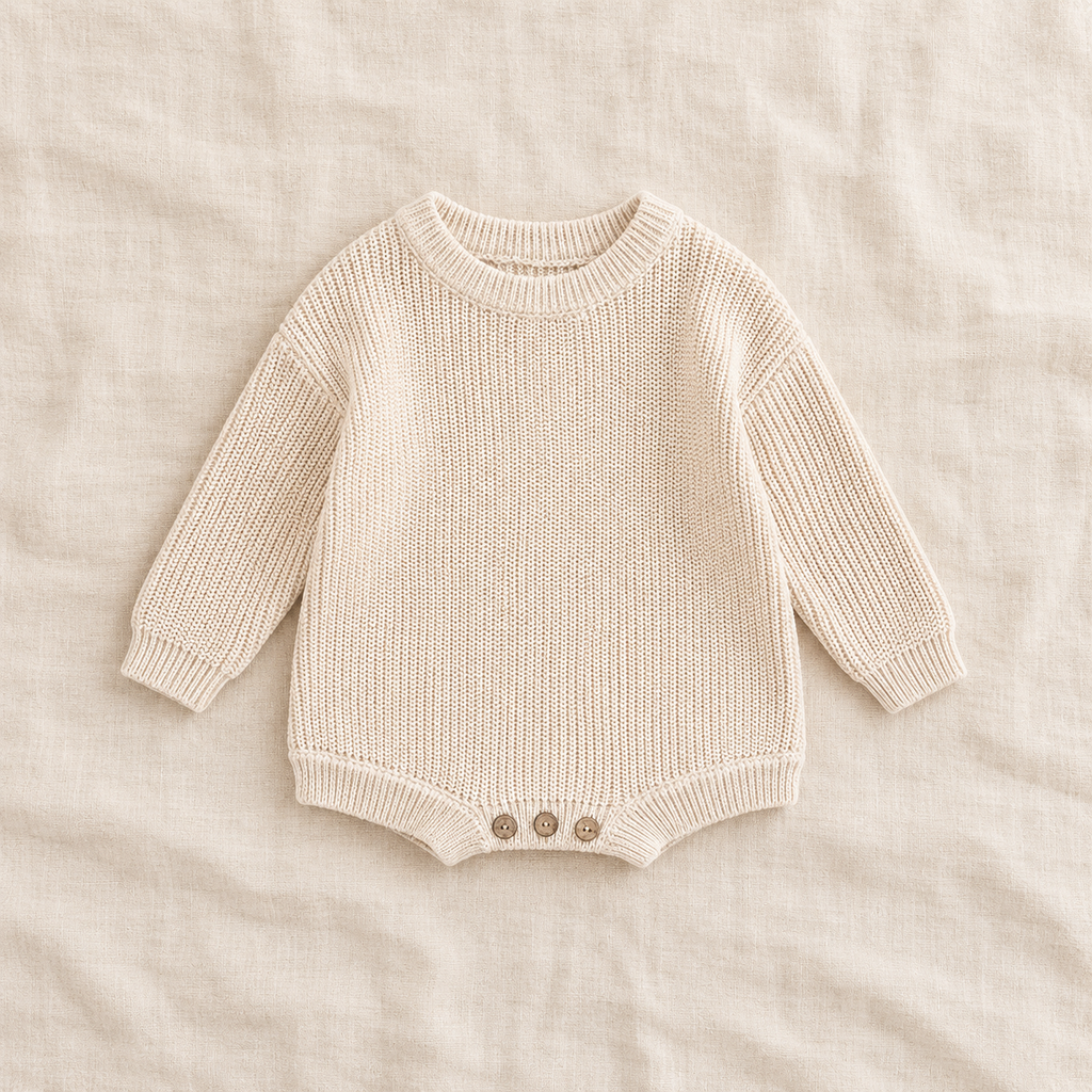Button knit baby romper in Light Milk White, boutique studio photograph