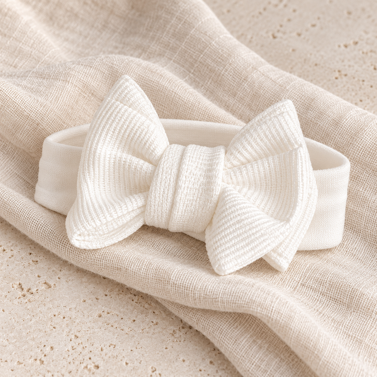 Ivory bow baby headband on ivory linen