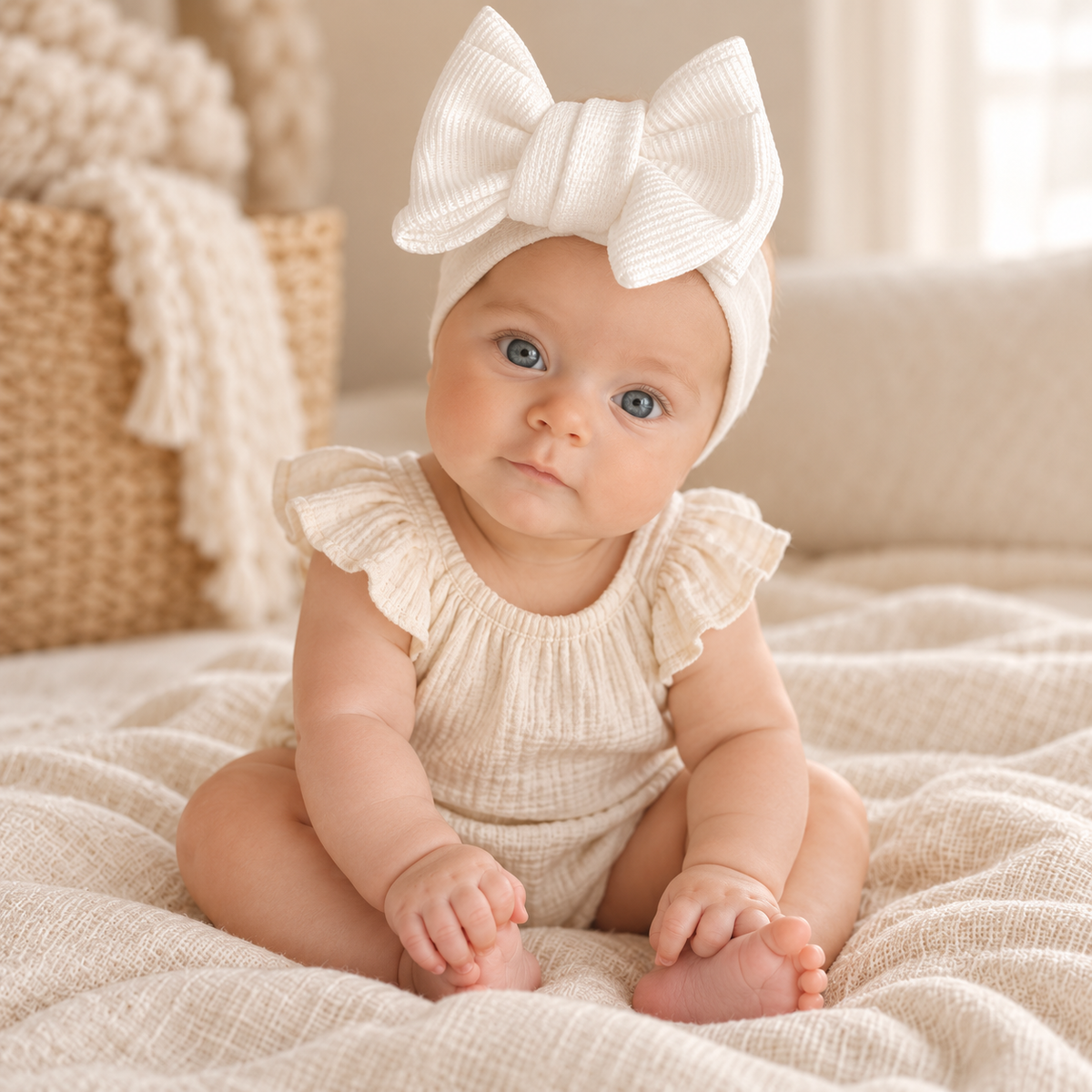 Baby wearing ivory bow headband without romper
