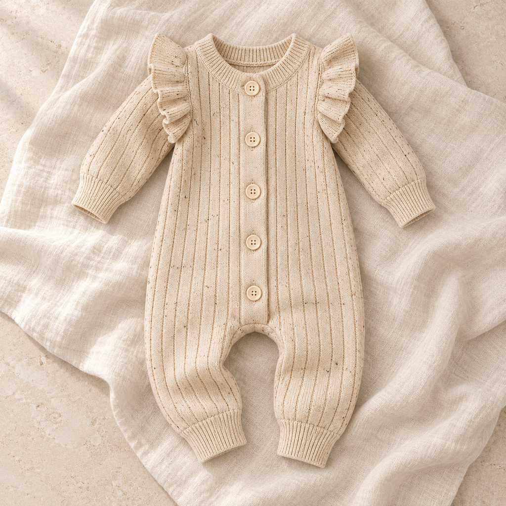 Beige button-knit baby romper on ivory linen