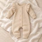 Beige button-knit baby romper on ivory linen