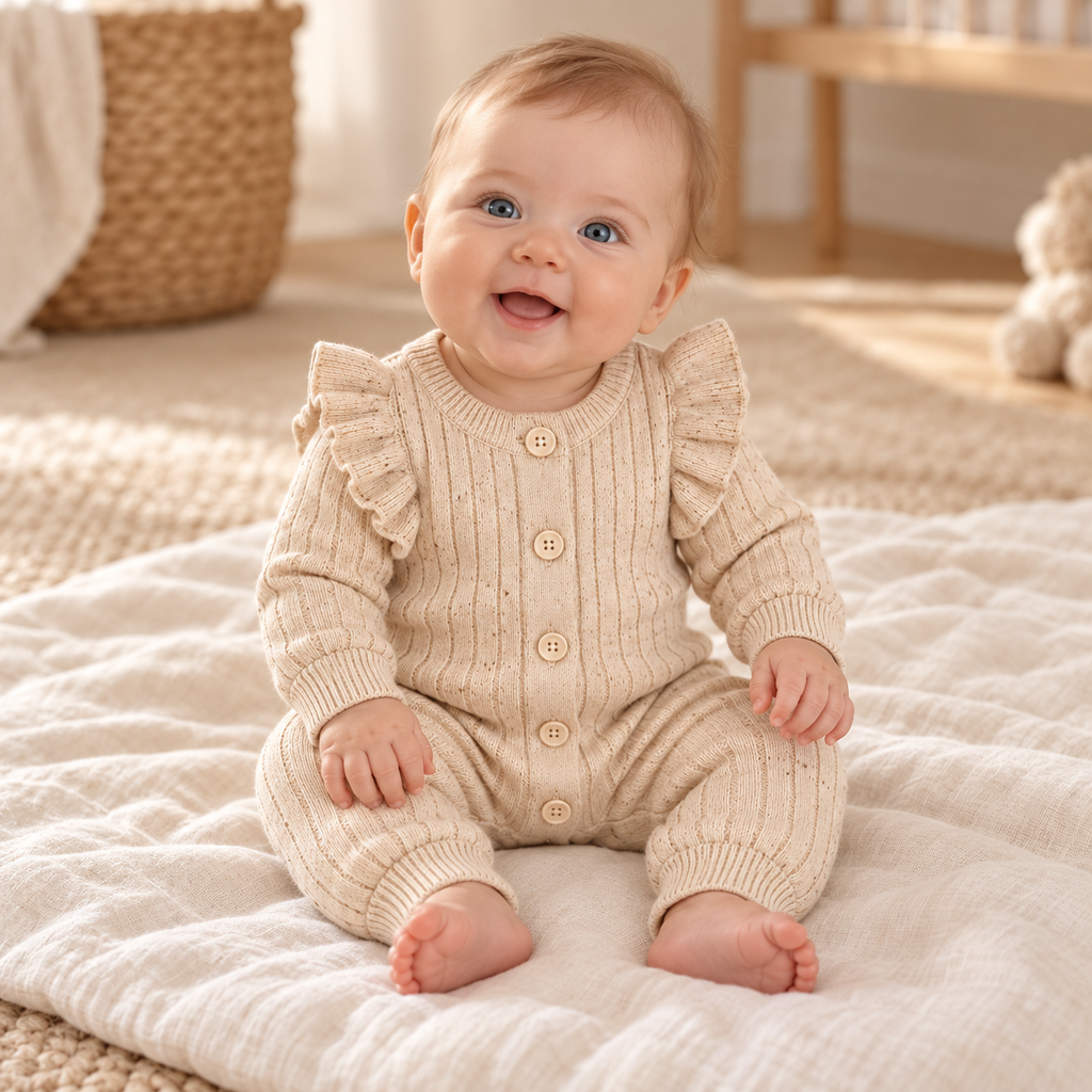 Baby wearing beige button-knit romper without headband
