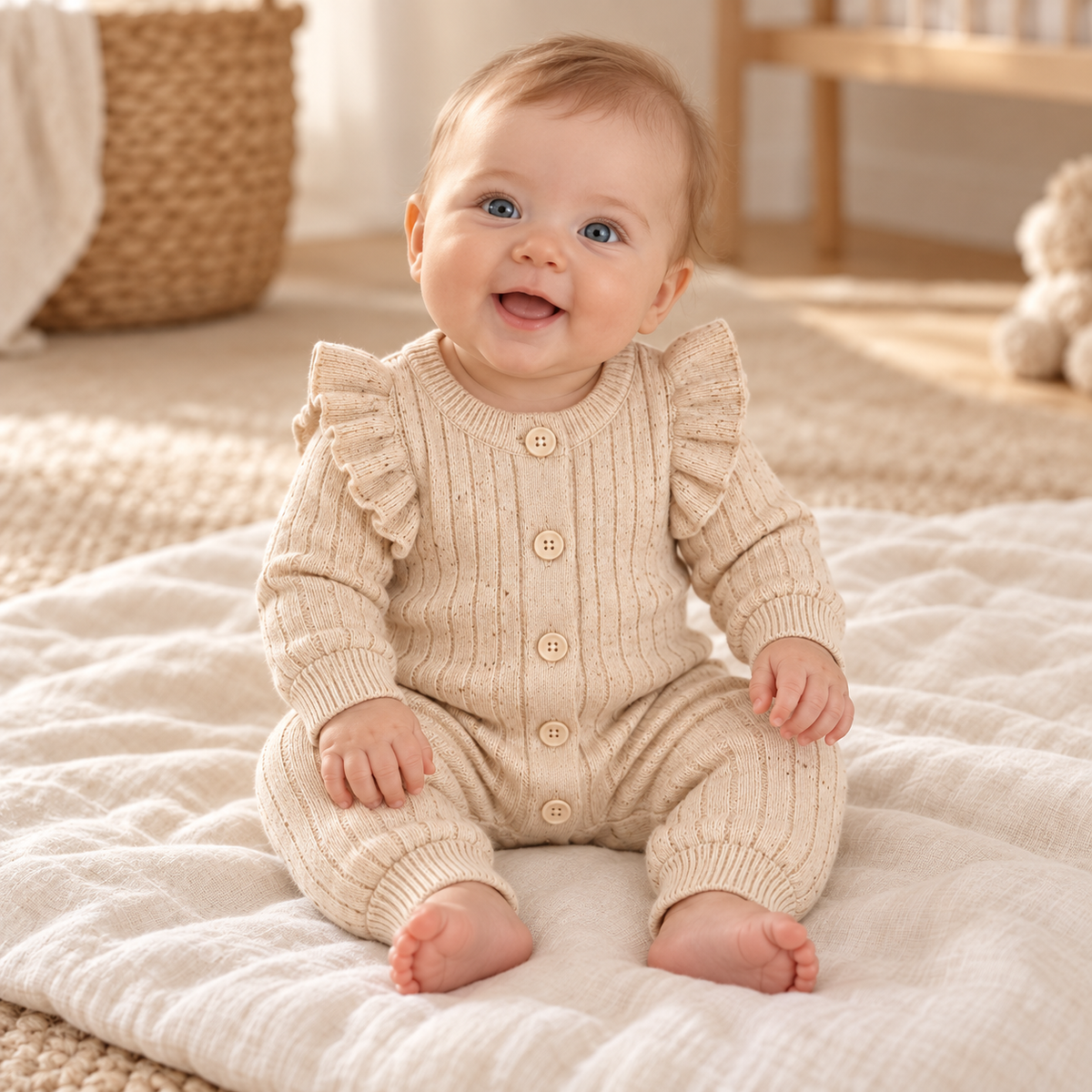 Baby wearing beige button-knit romper without headband