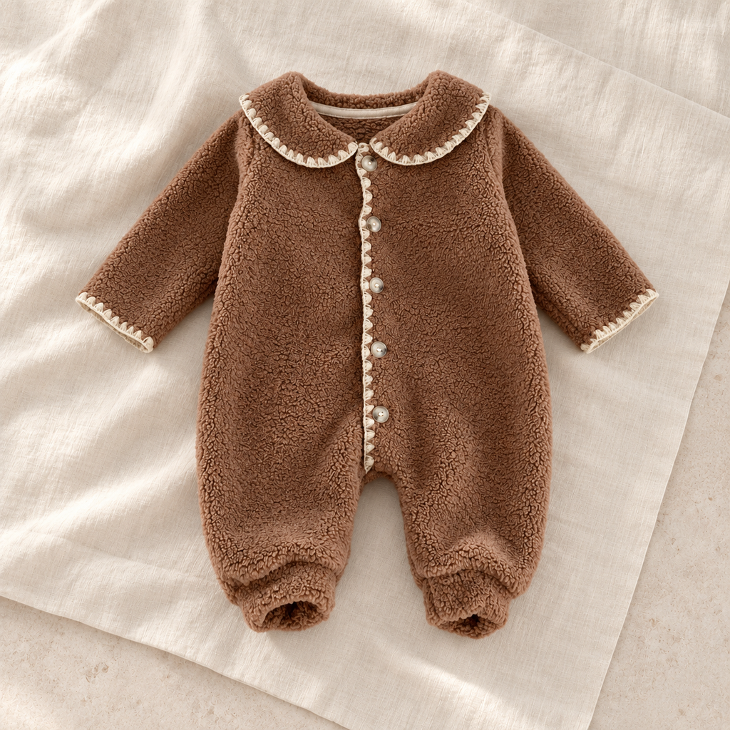 Brown fleece collared baby romper on ivory linen