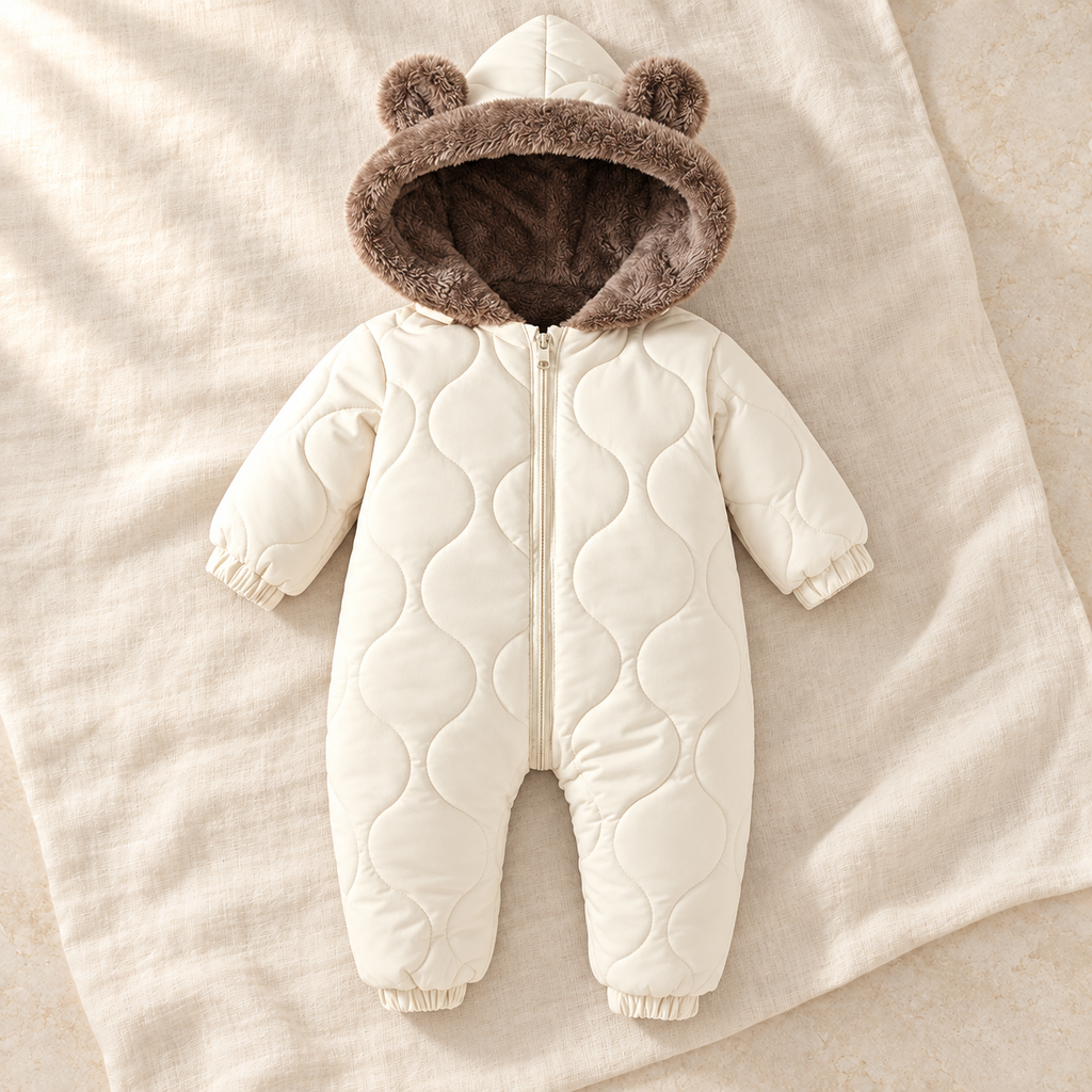 Cream beige fleece lined hooded baby romper on ivory linen