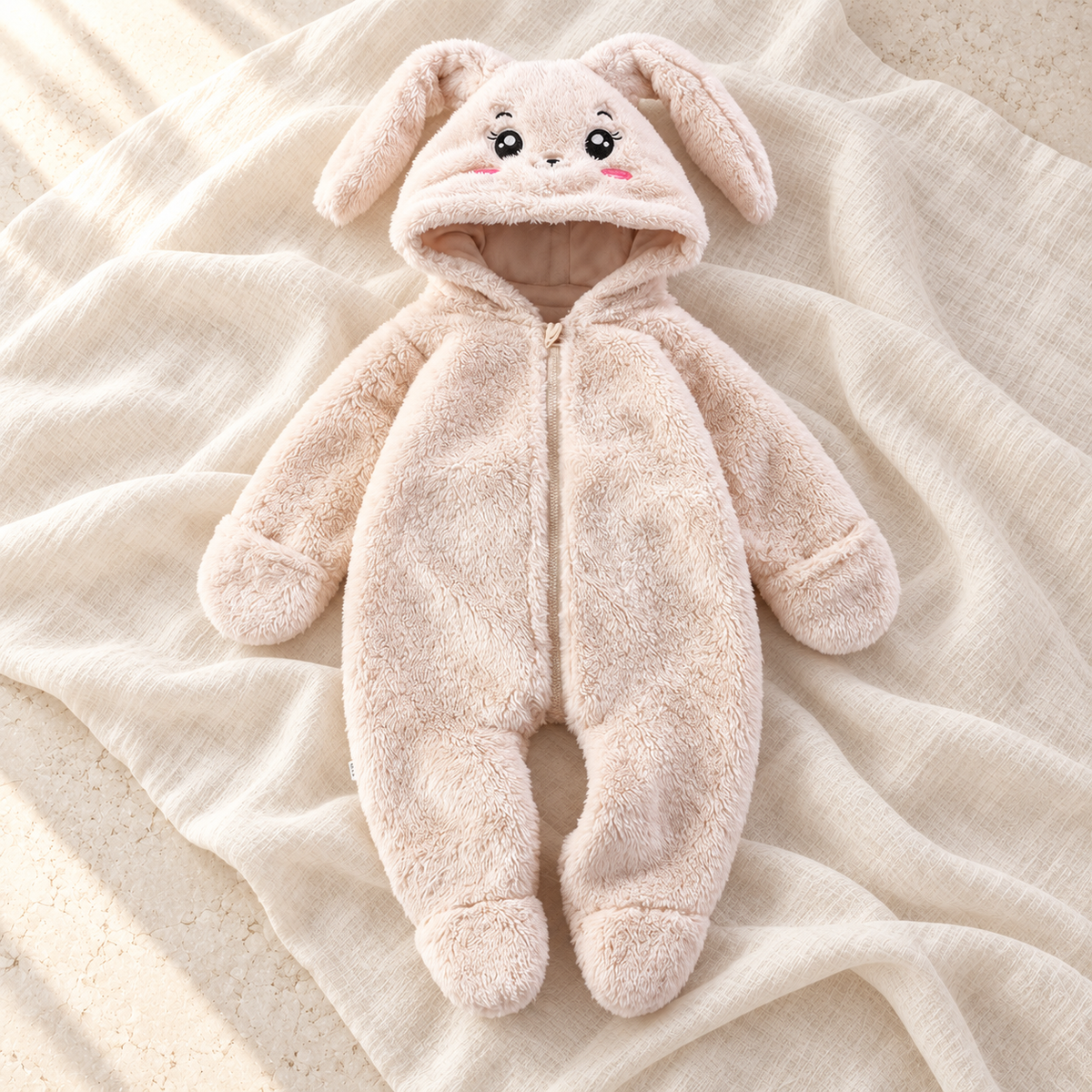Light beige bunny plush hooded baby romper on ivory linen