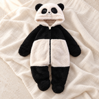 Black and white panda plush hooded baby romper on ivory linen