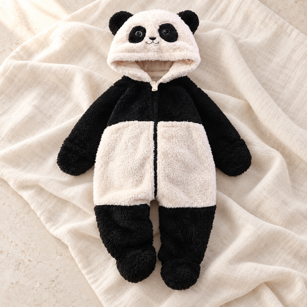 Black and white panda plush hooded baby romper on ivory linen