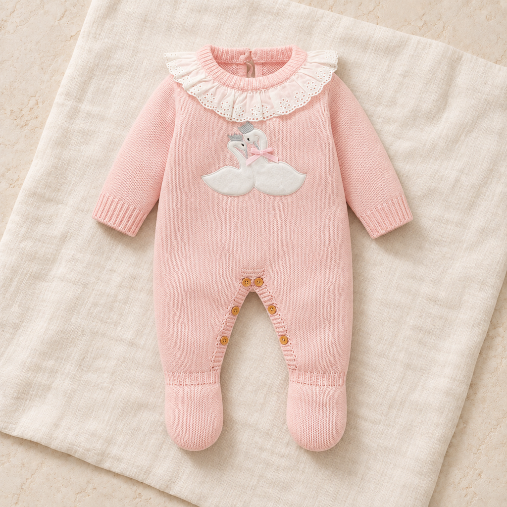 Blush pink goose knit footed baby romper on ivory linen
