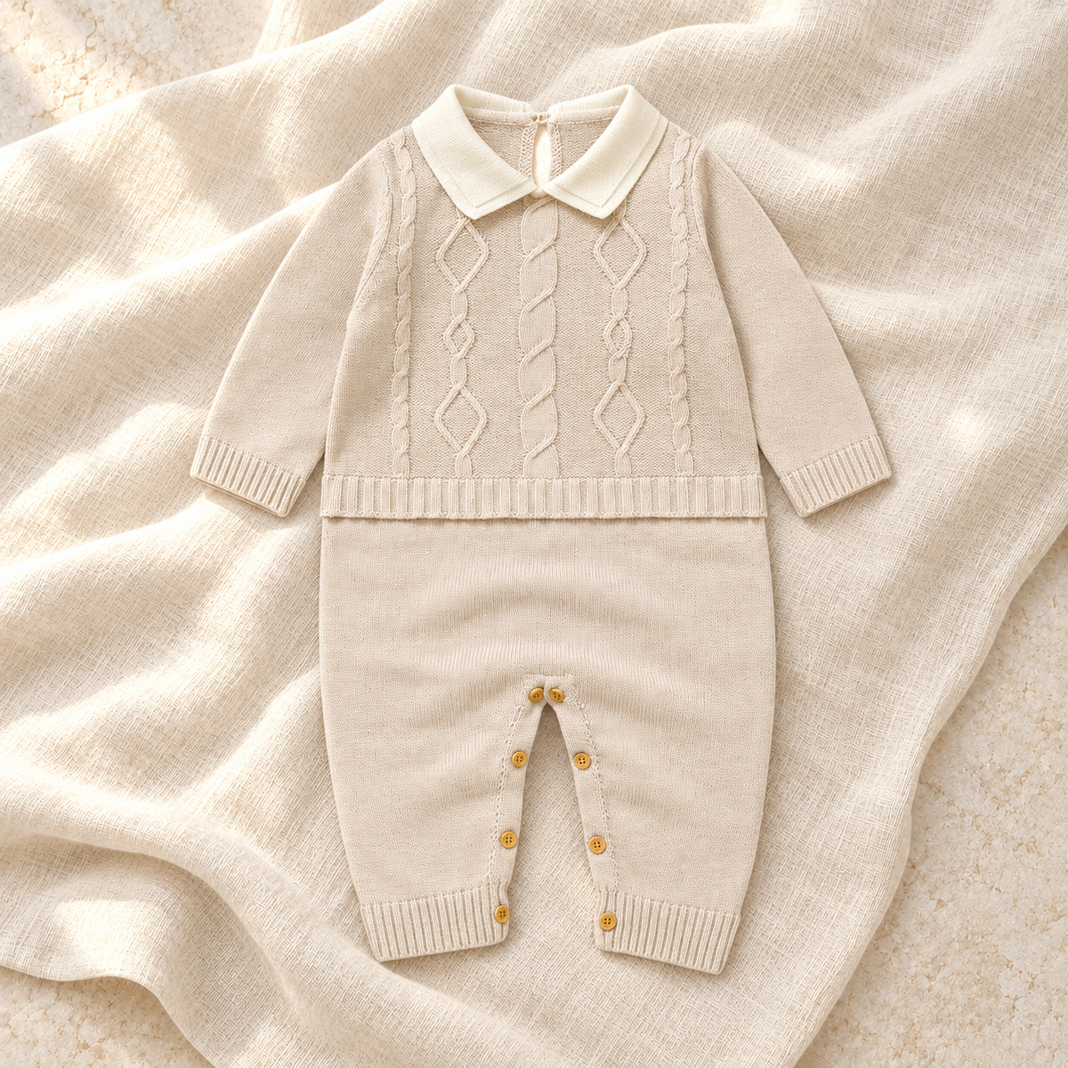 Cream cable knit baby romper with white collar on ivory linen