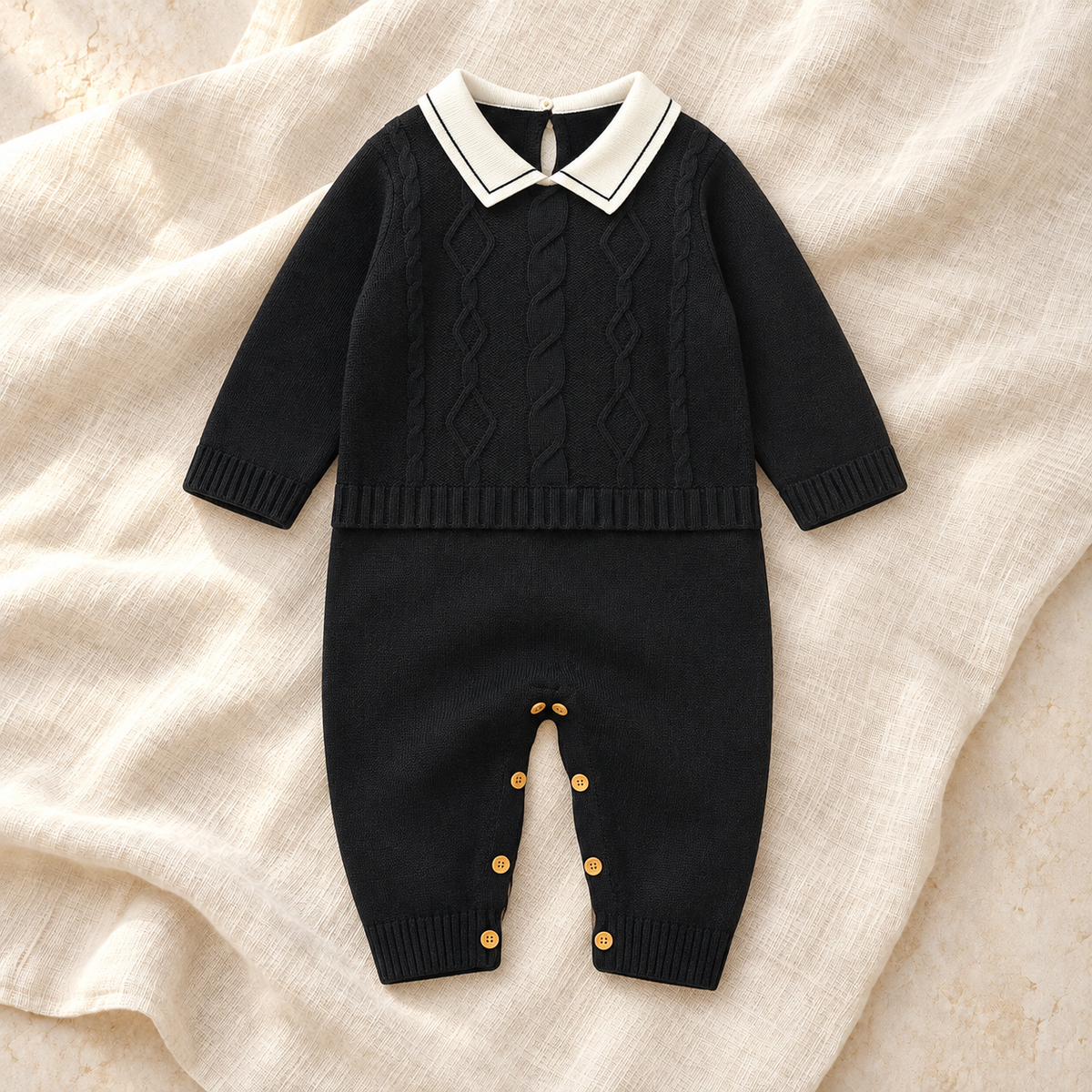 Black cable knit baby romper with white collar on ivory linen