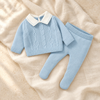 Powder blue knit top and footed leggings set on ivory linen