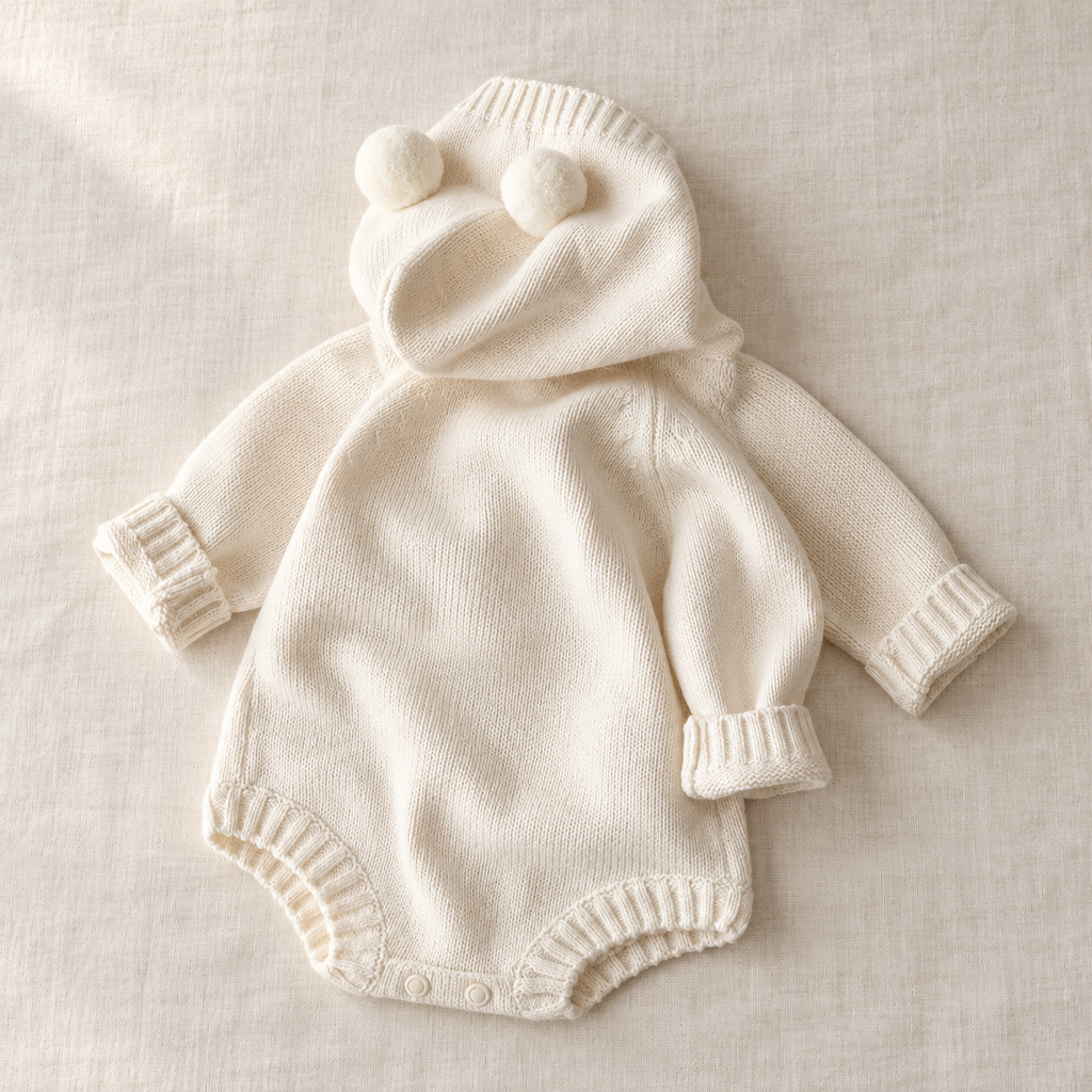 The Bear-Ear Hooded Knit Bodysuit on ivory linen