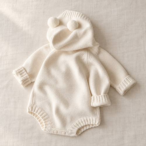 The Bear-Ear Hooded Knit Bodysuit on ivory linen