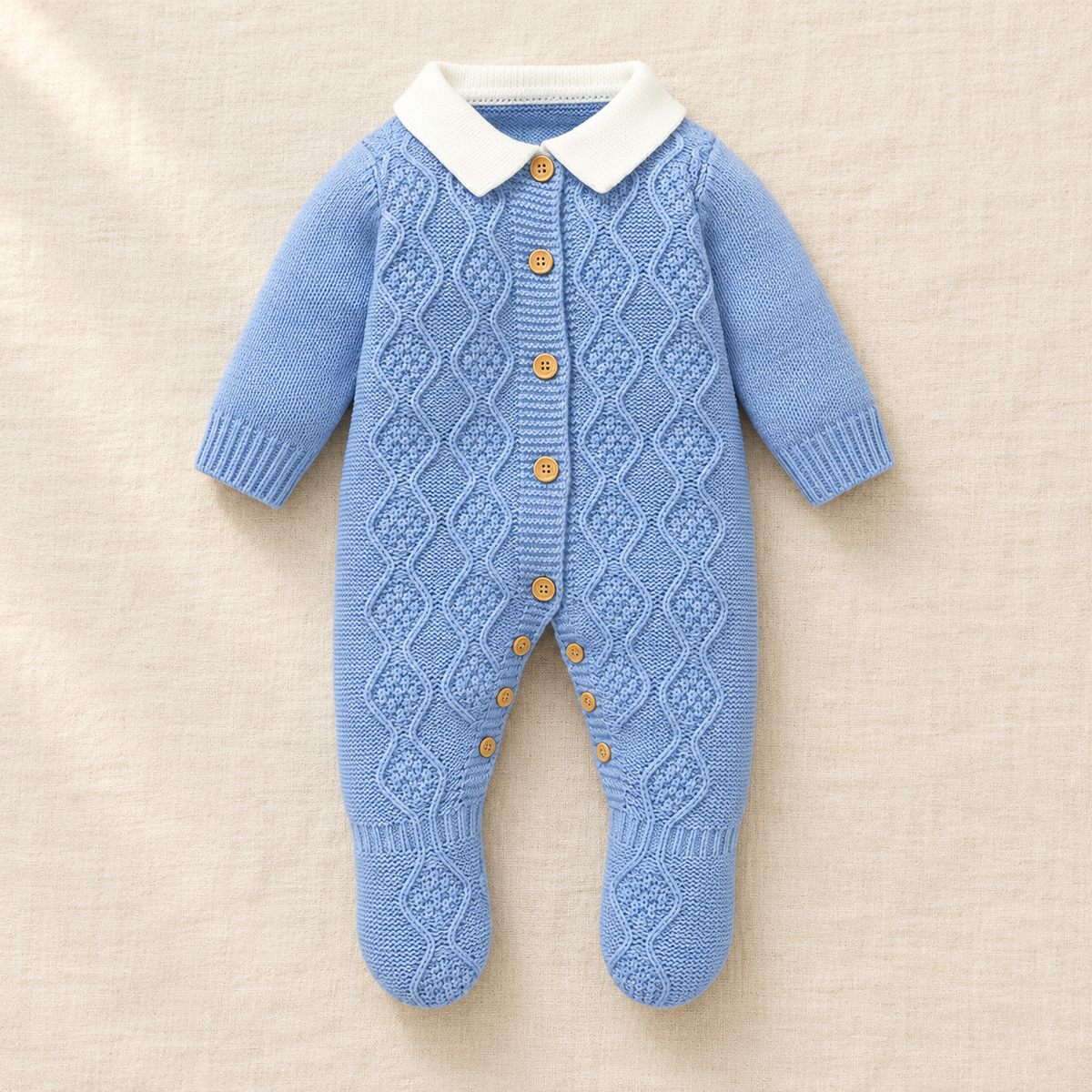 The Blue Collared Cable Knit Romper on ivory linen