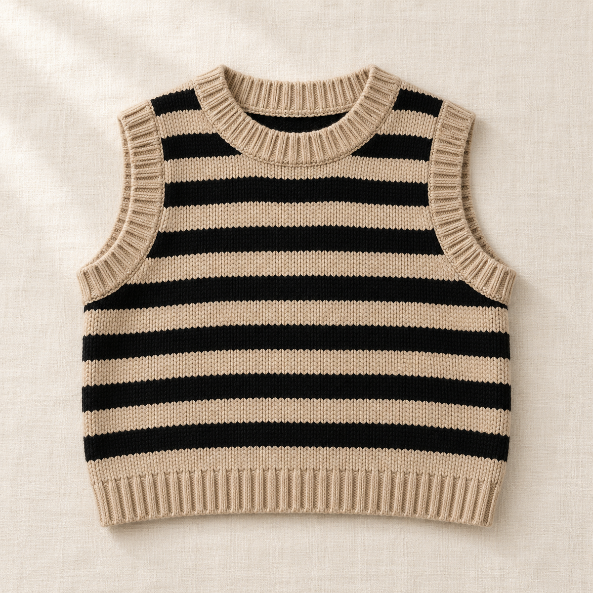 The Breton Stripe Knit Vest on ivory linen