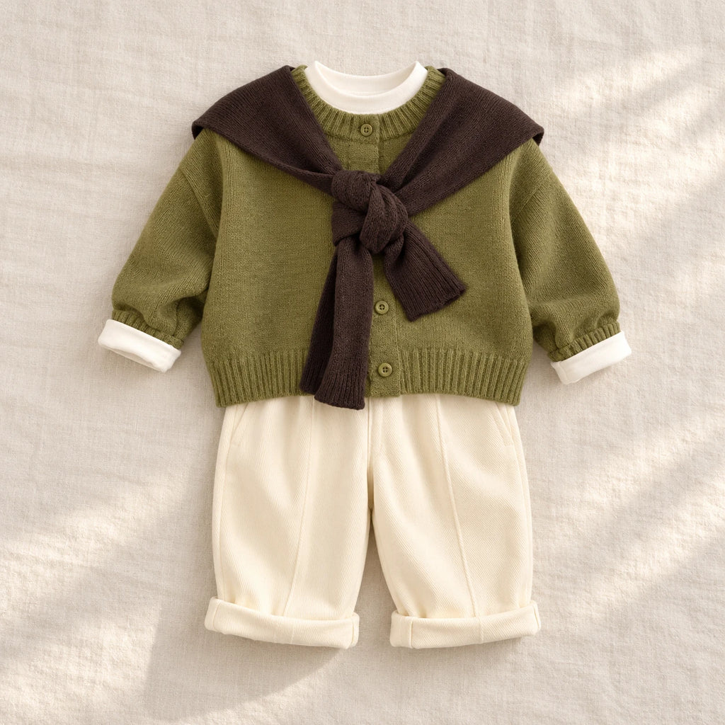 Green button knit cardigan and coordinating trousers, styled with a brown scarf