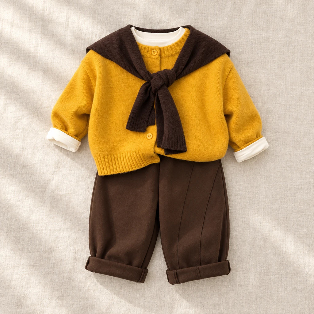 Yellow button knit cardigan and coordinating trousers, styled with a brown scarf