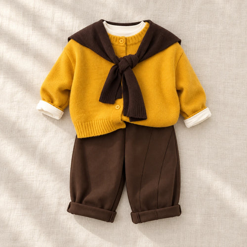 Yellow button knit cardigan and coordinating trousers, styled with a brown scarf