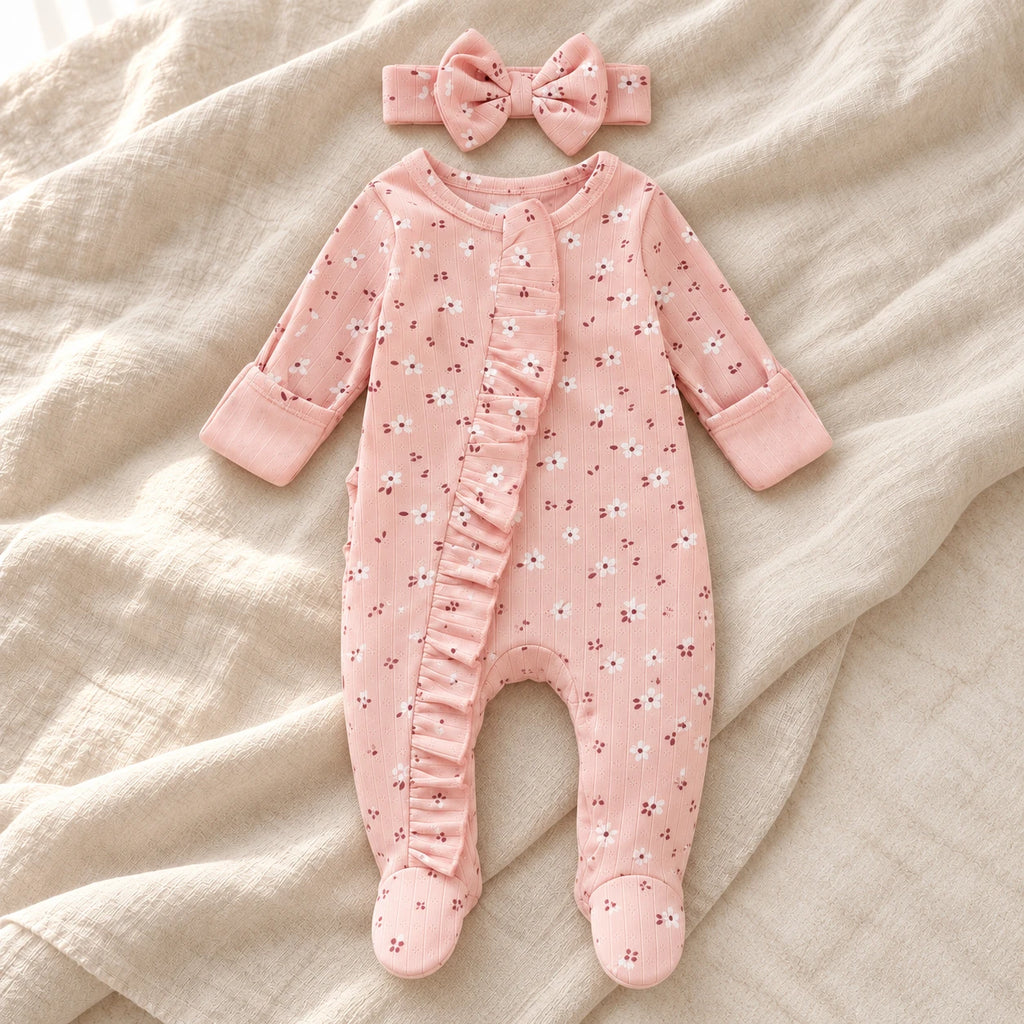 The Floral Footed Romper & Headband — Pink Floral — studio product photograph