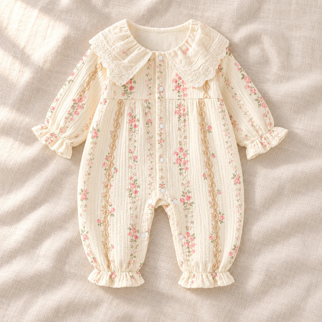 The Peter Pan Floral Baby Romper — Cream Floral — studio product photograph