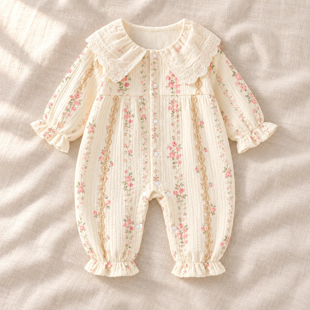 The Peter Pan Floral Baby Romper — Cream Floral — studio product photograph