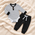 The Stripe Romper & Trouser Set — Black Stripe — studio product photograph