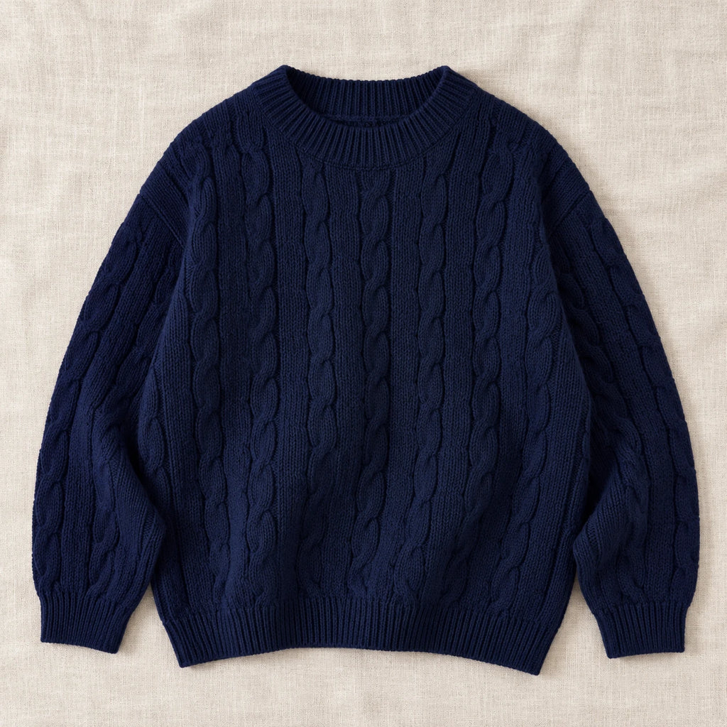 The Classic Cable Knit Sweater — Navy — studio product photograph